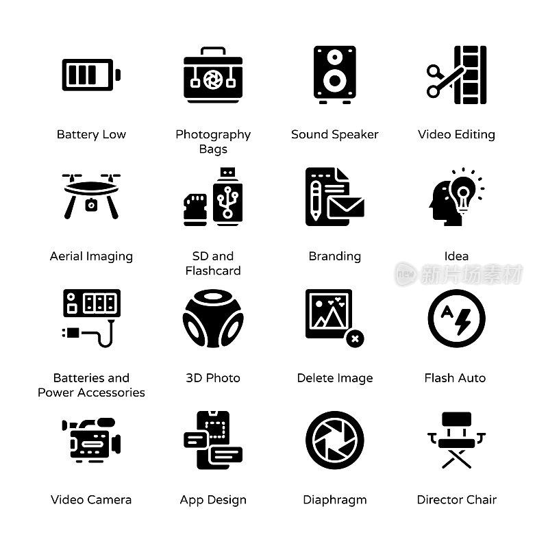 Photography and Post Production Glyph Icons - Solid, Vectors